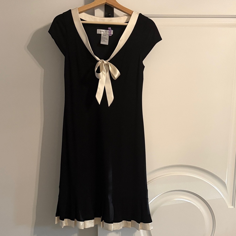 Nine West Pleated Black Dress with Silk Cream Accents